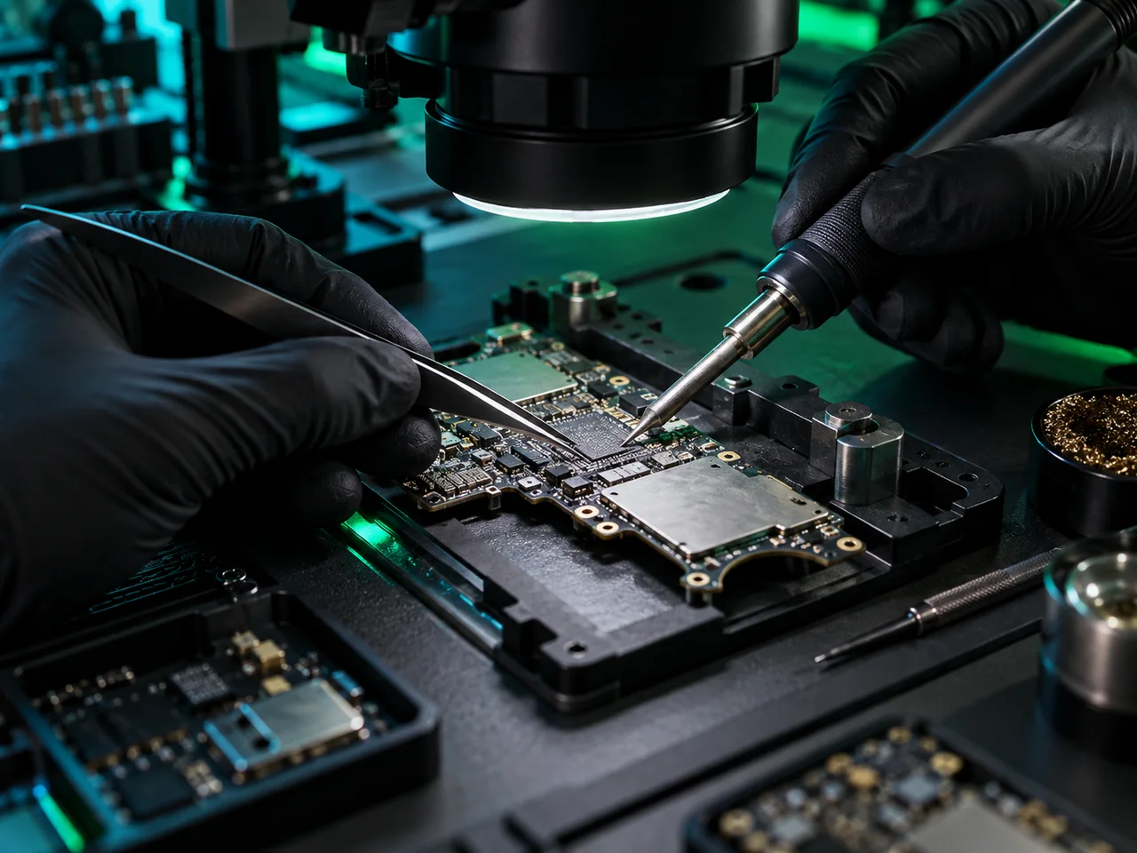 Scheda elettronica durante intervento di precisione